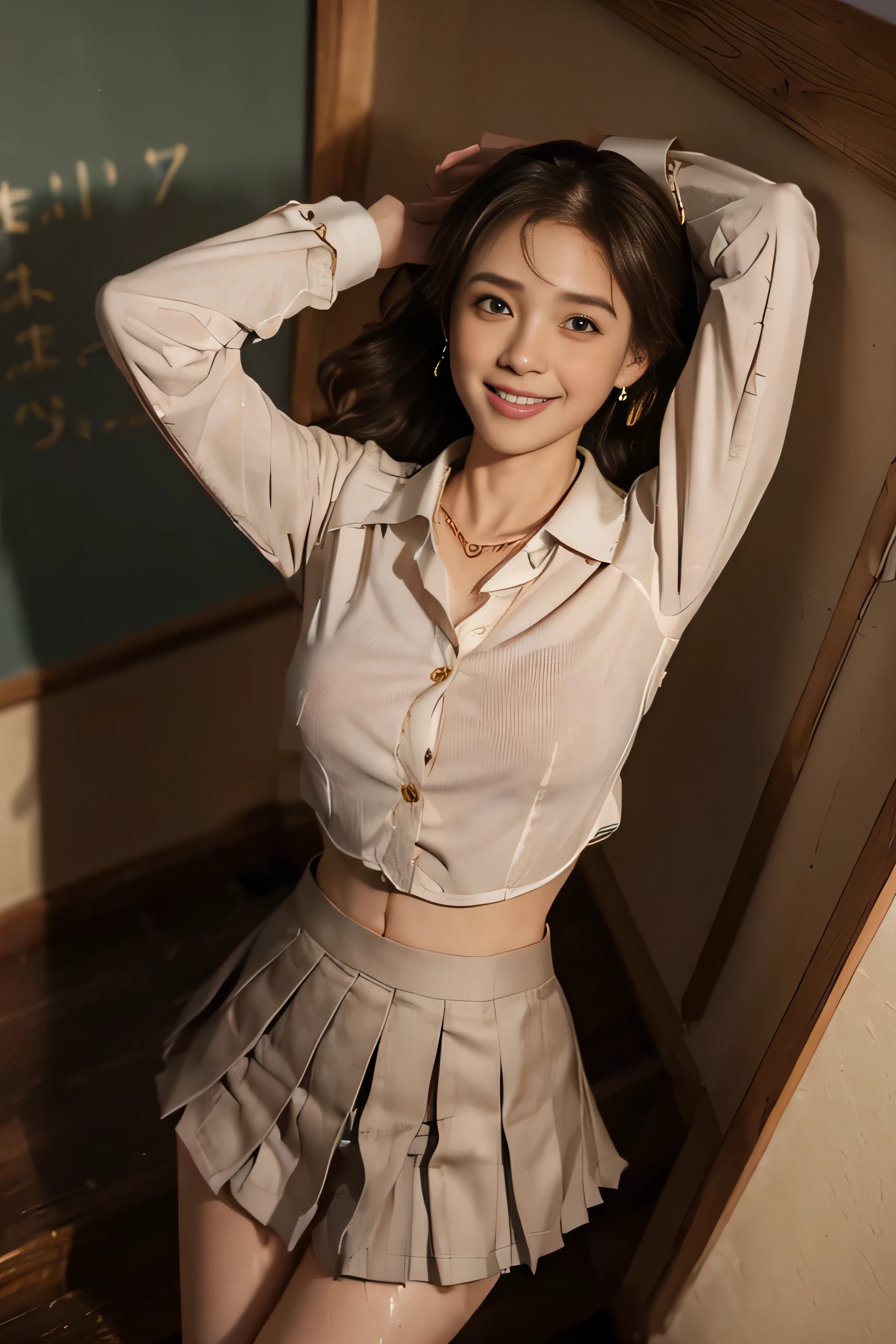 ((Beautiful Japanese Girls:1.3)) ((School uniform:1.4)) ((Panty shot:1.5)) ((high school)),((Red Skirt:1.3)) ((In the classroom:1.3)) ((thin_fibre:1.4)) ((Random sexy poses:1.3)) ((Sweaty:1.5))((Blushing:1.4)) ((Big Breasts:1.1)) ((close:1.2)) highest quality,masterpiece,Ultra-high resolution,(Realistic:1.4),Raw photo,(Authentic skin texture:1.3),(Film Grain:1.3),Panorama,Portraits,Very wide shot,Small waist,Cowboy Shot,(Dark Inn, Deep Shadow, Modest, Cold Light,) night,(()),Tears flow,,Dust,Tyndall effect,(Performance),One girl,Beautiful and detailed eyes and face,White Jabot,Brown eyes,((Brown Hair:1.2)) ((whole body)) ((smile:1.3))((Loosely inward wavy hair:1.2)),((Gold Necklace＿Large earrings:1.2)),((Extra long brown hair:1.2))((White long sleeve button up blouse_With collar_Remove up to the second button＿Brown pleated mini skirt:1.3)),((A shy smile:1.3))、((arms up:1.3)),　((From an oblique angle above:1.5)),((going down school stairs:1.3)), 