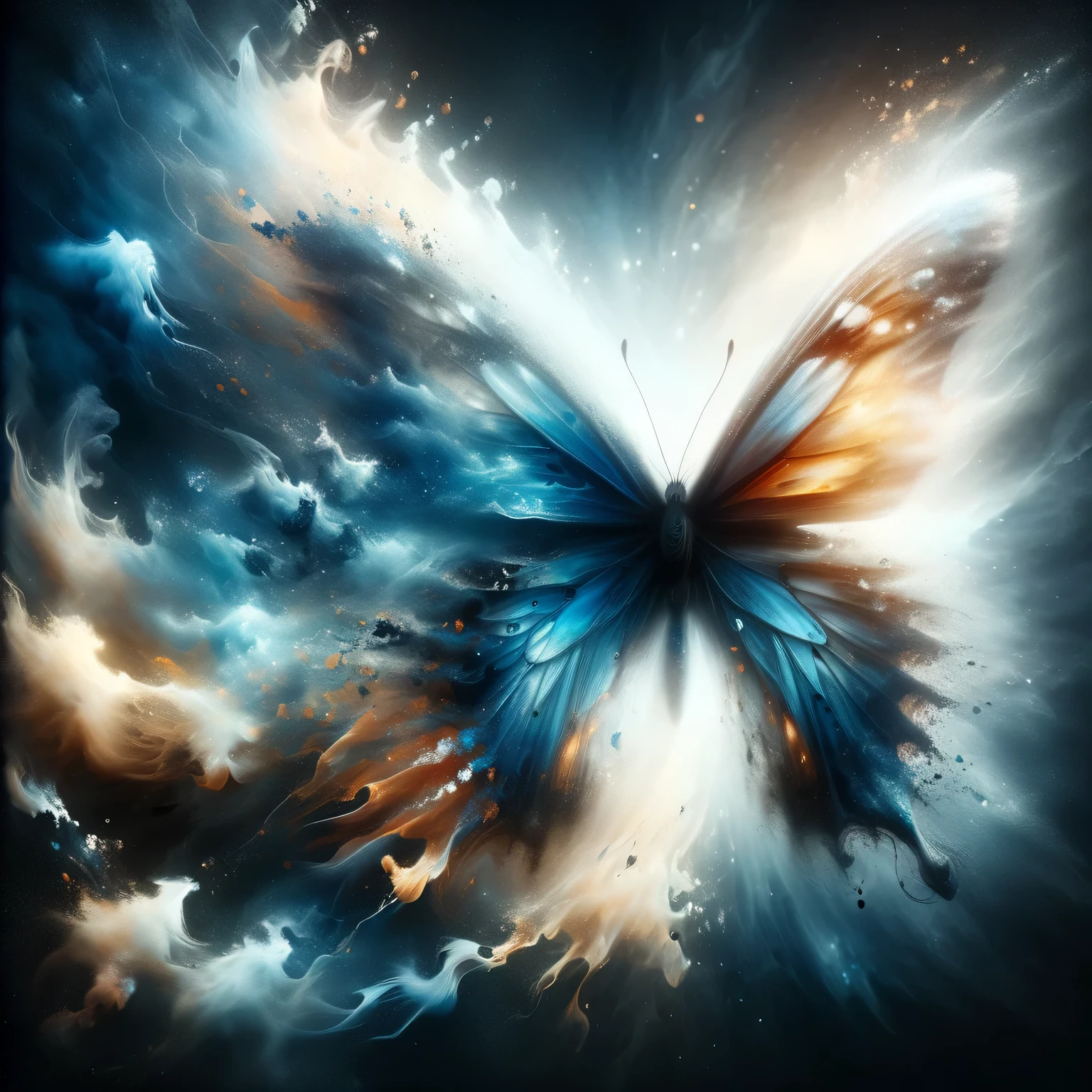 Abstract and surreal image of blue butterfly, blue dust rises from the depths of the abyss and swirling in a vortex of darkness and golden light forms a large ephemeral blue butterfly of bright blue dust combined with darkness and light, large butterfly wings, streaks of golden light on the wings, the vortex smoothly turns into a butterfly and is its continuation, it is difficult, detailed, Intricate, Perfect, masterpiece, abstraction, real, detailed, Movie Still, Film Still, Cinematic