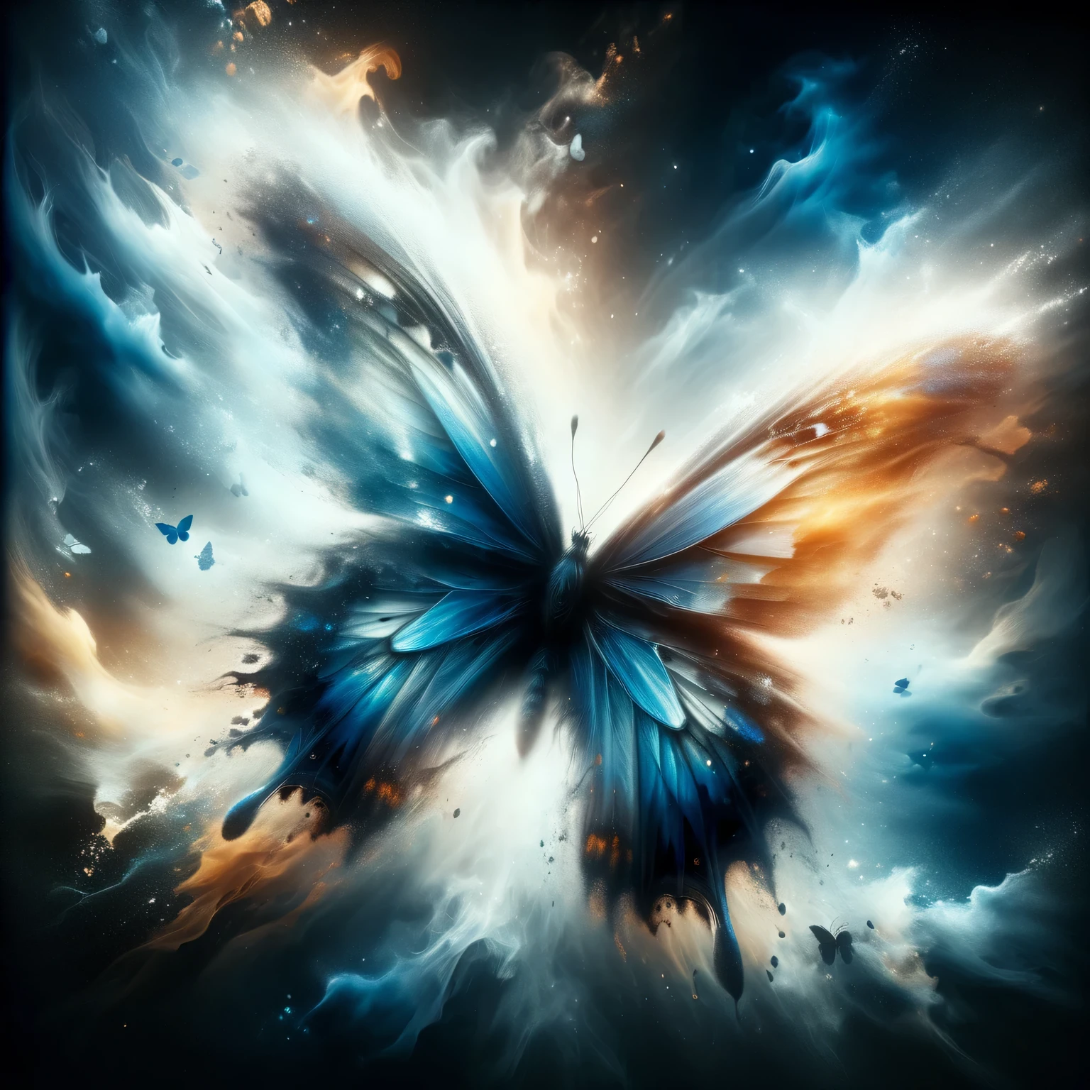 Abstract and surreal image of blue butterfly, blue dust rises from the depths of the abyss and swirling in a vortex of darkness and golden light forms a large ephemeral blue butterfly of bright blue dust combined with darkness and light, large butterfly wings, streaks of golden light on the wings, the vortex smoothly turns into a butterfly and is its continuation, it is difficult, detailed, Intricate, Perfect, masterpiece, abstraction, real, detailed, Movie Still, Film Still, Cinematic