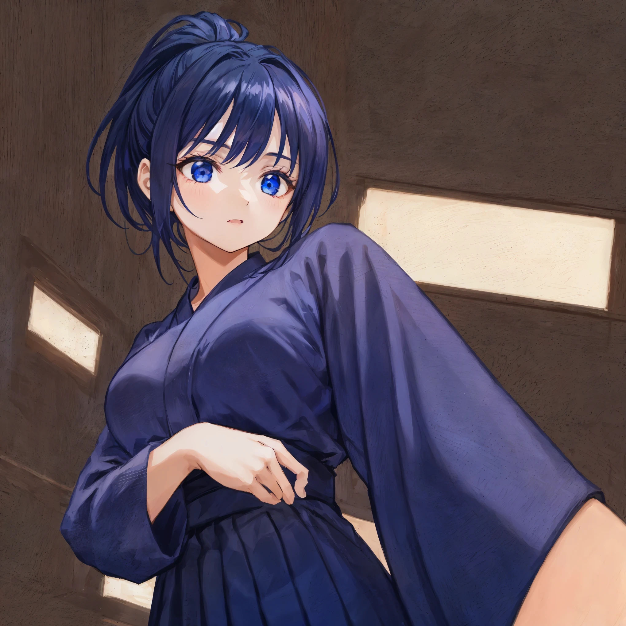 {{dark blue hakama for kendo}},dojo,highest quality,From Below,High quality bra,Ponytail black hair1;4,{{beautiful large breasts 1:4}},pretty girl,brush,High-quality backgrounds,Slanted Eyes,From Below,Detailed shirt chest wrinkles,{{{high school girl}}},BREAK,{{beautiful blue eye1:4}},BREAK,Five fingers