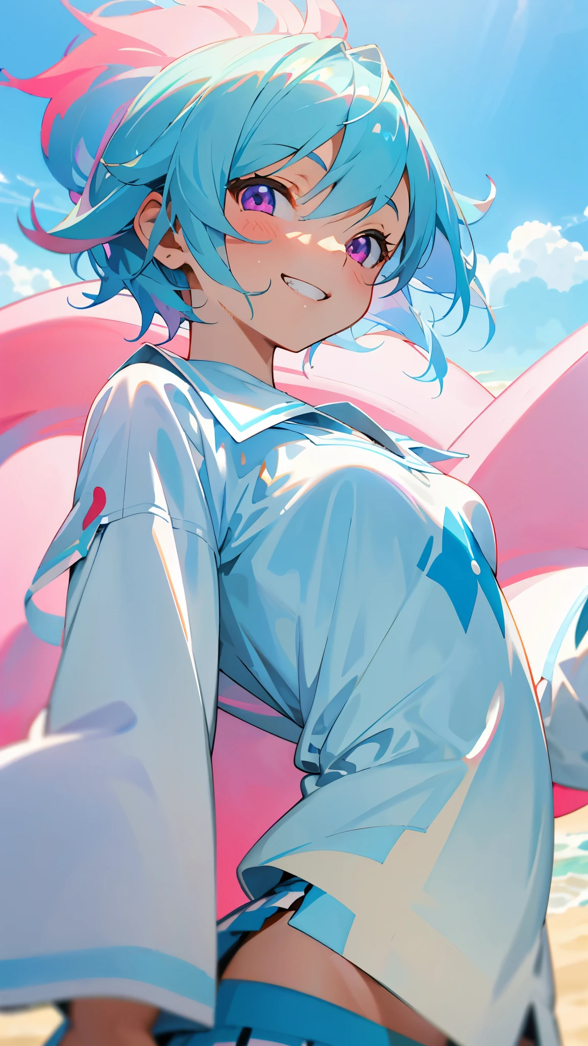 16-year-old girl、Anime-style paintings、Light blue hair、Pink Eyes、Small breasts、white blouse shirt、Checked mini skirt、Upper body close-up、Sandy beach background、Blue sky and white clouds、Grin、From the side、Sharp contours