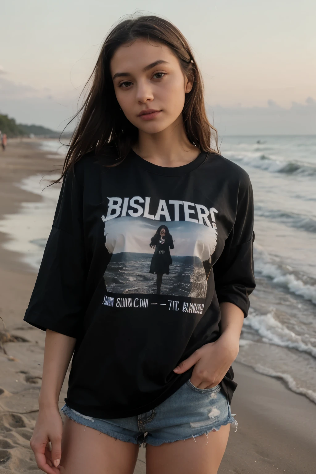 Girl on beach wearing blackmt shirt 