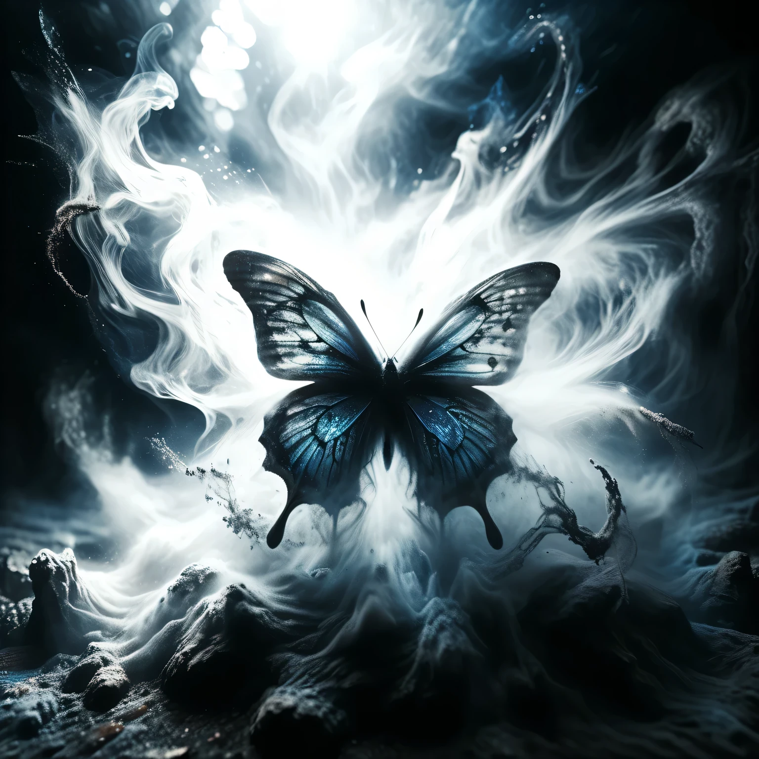 Abstract and surreal image of blue butterfly, blue dust rises from the depths of the abyss and swirling in a vortex of darkness and light forms a large ephemeral blue butterfly of blue dust combined with darkness and light, complex, detailed, intricate, perfect, masterpiece, abstraction, real, detailed, Movie Still, Film Still, Cinematic