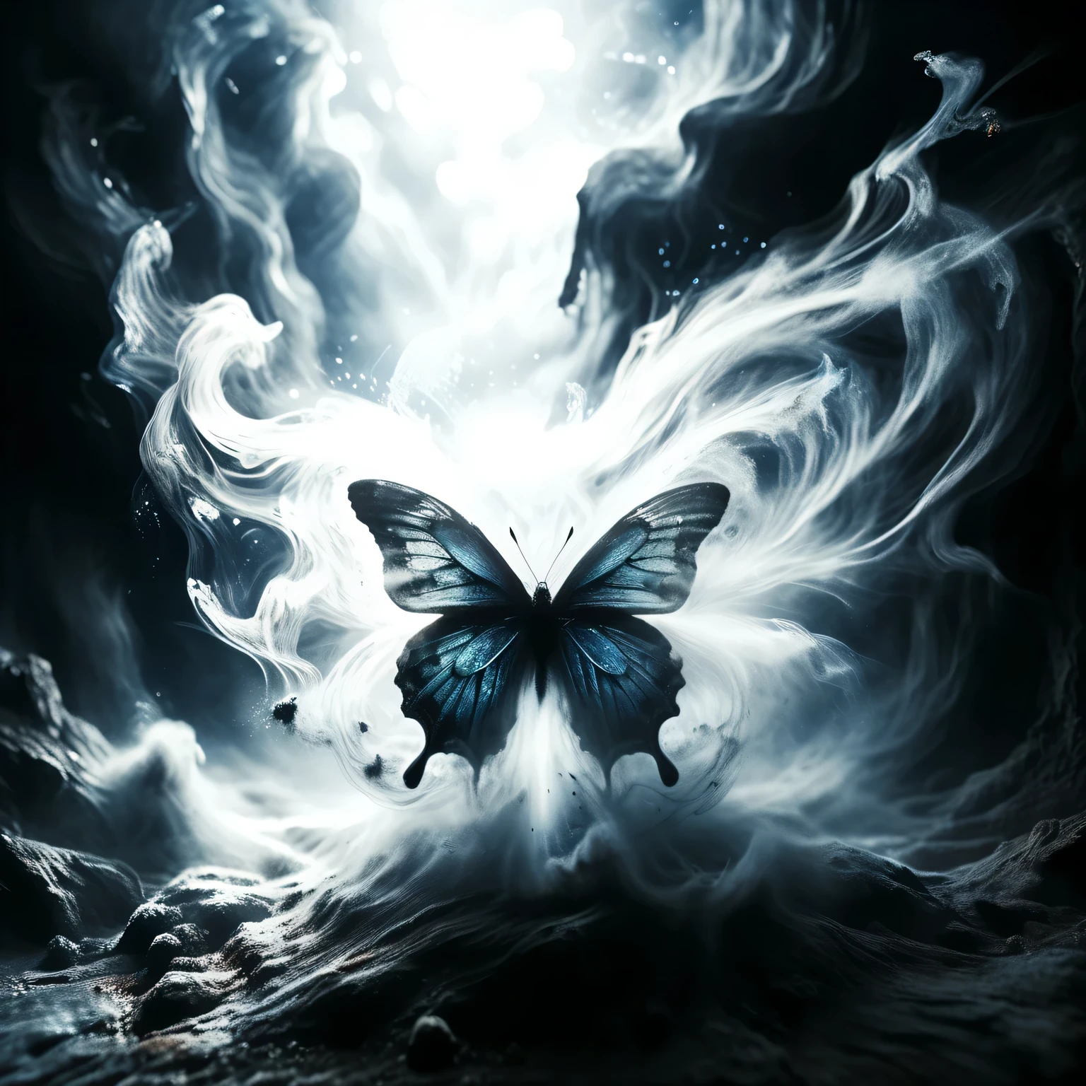 Abstract and surreal image of blue butterfly, blue dust rises from the depths of the abyss and swirling in a vortex of darkness and light forms a large ephemeral blue butterfly of blue dust combined with darkness and light, complex, detailed, intricate, perfect, masterpiece, abstraction, real, detailed, Movie Still, Film Still, Cinematic