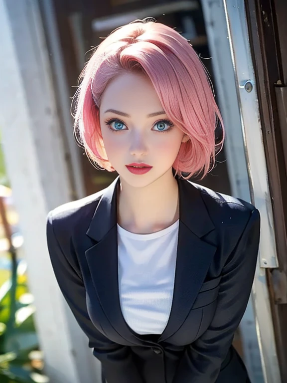 (best quality, 8k, photorealistic:1.5), (solo, one girl:1.5),(shine a bright light on women),(ultimate beautiful girl),(shiny skin),(oily skin),(pink hair:1.5),(short hairstyle:1.3),(cool beauty),Blush brown makeup , dark eye makeup , use pink glossy lipstick,(big beady eyes girl:1.5),(droopy eyes girl:1.5),(blue eyes:1.5),(thin girl:1.5),( girl:1.5),(healthy body),(sex appeal),(sweet smelling girl),(she works for low wages),(kind-hearted woman),(she has a nice smile),(woman with a happy look),(she is very sociable),(from a very poor family),(virgin girl),chuuChloe,(impressive eyes:1.5),(clean girl),(affability),(cute smile),(good personality),(serious personality),(relaxing time),(hair ornaments),(compassion),(impurity),(love filled),(No love experience),(teenager:1.2),(business suit:1.5)