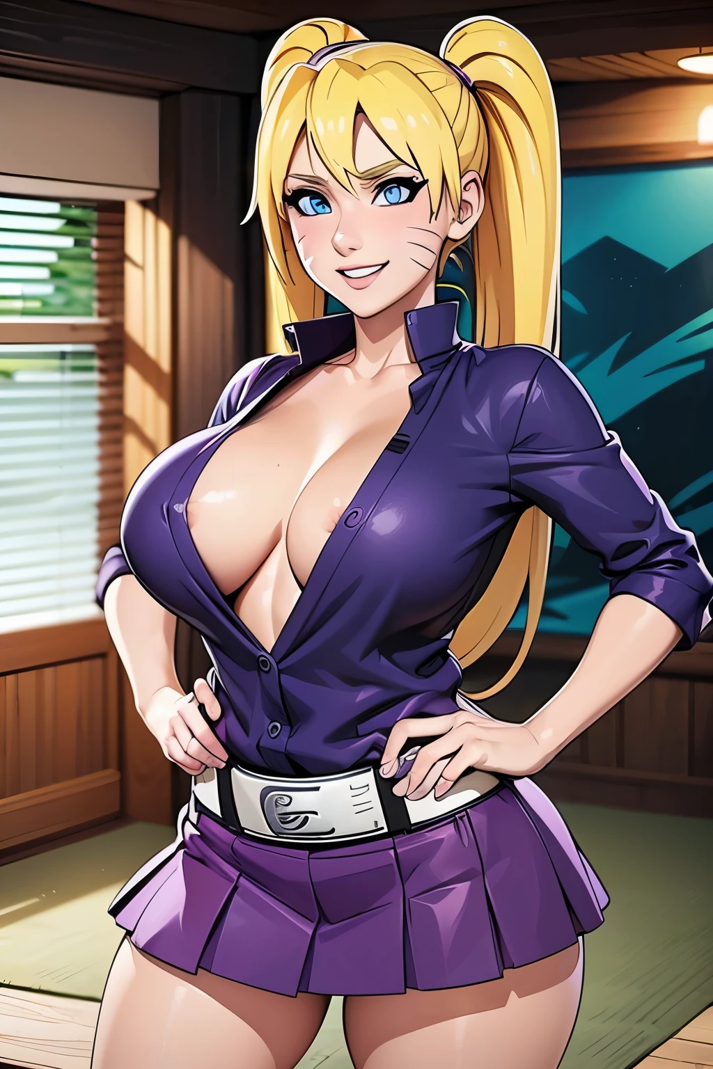 (masterpiece), (high quality), female Naruto Uzumaki, purple blouse, cleavage, big breasts, sexy pose, sexy smile, blonde twintails, short purple skirt, precise hands