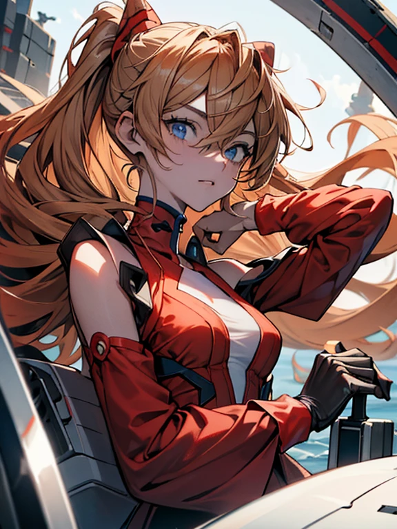 In a futuristic weapons factory,buque de guerra,Acorazado,maritime,combatiente (aeronave),catapulta de aviones,cubierta de vuelo,eva 02,
solo,delgado,lindo,kawaii,pelo rubio,pelo flotante,
analogous term,parte superior del cuerpo,dutch angle,mirada de kubrick,soft, bounced lighting,filmada con Fujifilm X-T4,85 mm f1.1,,
traje enchufable,(auriculares de interfaz:1.1),
Souryuu Asuka Langley,(mono rojo:1.2),(mejor calidad:1.4),(8k,foto cruda),shiny piel,pale_piel,detailed piel,cara detallada,ojos detallados,japanese idol,Hermoso rostro,