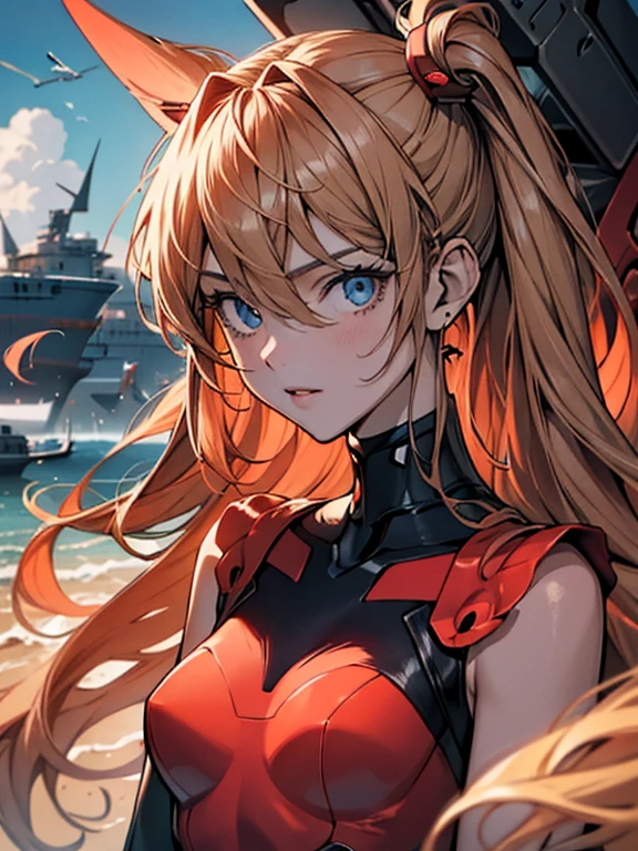 In a futuristic weapons factory,buque de guerra,Acorazado,maritime,combatiente (aeronave),catapulta de aviones,cubierta de vuelo,eva 02,
solo,delgado,lindo,kawaii,pelo rubio,pelo flotante,
analogous term,parte superior del cuerpo,dutch angle,mirada de kubrick,soft, bounced lighting,filmada con Fujifilm X-T4,85 mm f1.1,,
traje enchufable,(auriculares de interfaz:1.1),
Souryuu Asuka Langley,(mono rojo:1.2),(mejor calidad:1.4),(8k,foto cruda),shiny piel,pale_piel,detailed piel,cara detallada,ojos detallados,japanese idol,Hermoso rostro,