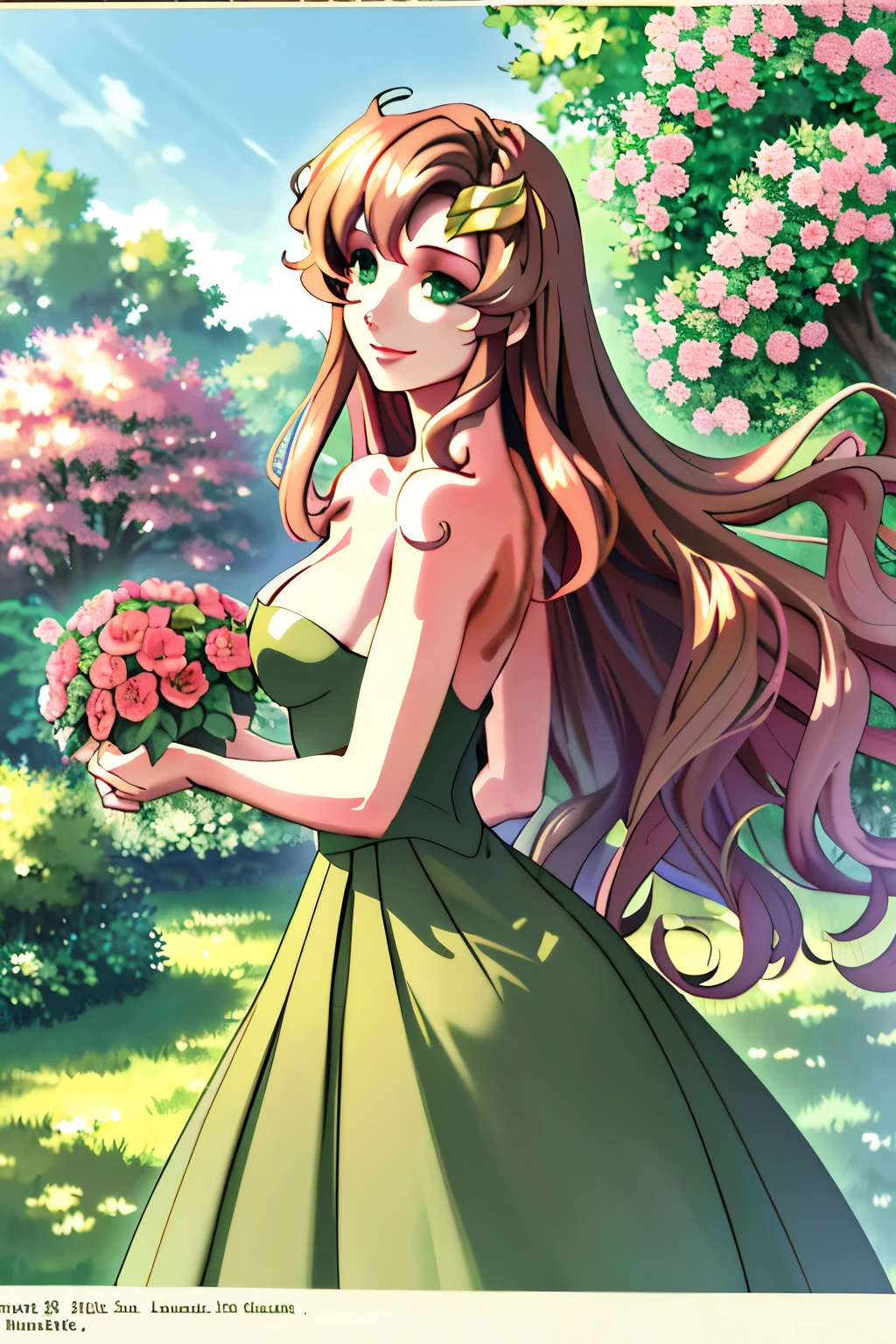 Daphne, solo, elegant figure, long wavy hair, (olive green dress), clavicle, scapular, (detailed curls, hair ornament, shimmering brown hair), cleavage, slender hands, (hair cascades down back), vivacious smile, (garden setting, sunlit), (digital art, impressionistic style: 2.5, detailed shading, high resolution), 1girl, captivating, (green eyes, brilliant), (side view, mid-length shot), (perfect proportions,  bust), (trees, blooming flowers in background).