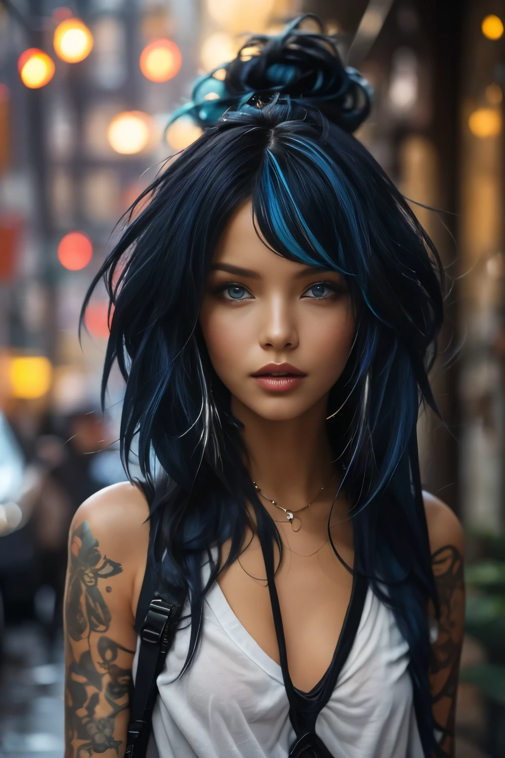 bellissima, 1girl, she is a striking young woman with electric blue hair that flows down to her shoulders in loose waves. Her hair is vibrant, reflecting her adventurous and creative spirit. It's a signature part of her look, often adorned with small silver hairpins and clips shaped like stars and moons.