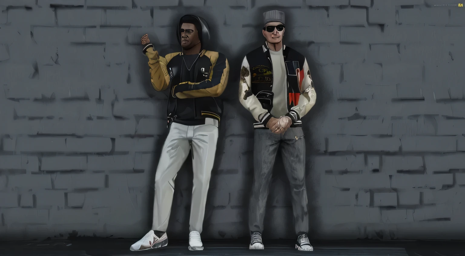 there are two men standing next to each other in front of a brick wall, gta v street style, diverse outfits, style of gta v, street clothes, in clothes! highly detailed, gta5 style, gta 6 style, gta 5 skin tone, highly_detailed!!, gta character, casual streetwear, highly detailed clothing, grand theft auto style, hiphop urban inspired