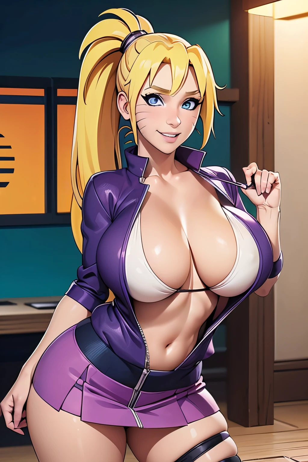 (masterpiece), (high quality), female Naruto Uzumaki, purple blouse, cleavage, big breasts, sexy pose, sexy smile, blonde ponytails, short purple skirt, precise hands