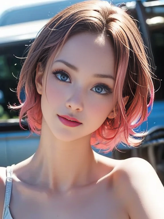 (best quality, 8k, photorealistic:1.5), (solo, one girl:1.5),(shine a bright light on women),(ultimate beautiful girl),(shiny skin),(oily skin),(pink hair:1.5),(short hairstyle:1.3),(cool beauty),Blush brown makeup , dark eye makeup , use pink glossy lipstick,(big beady eyes girl:1.5),(droopy eyes girl:1.5),(blue eyes:1.5),(thin girl:1.5),(baby face:1.5),(healthy body),(sex appeal),(sweet smelling girl),(she works for low wages),(kind-hearted woman),(she has a nice smile),(woman with a happy look),(she is very sociable),(from a very poor family),(virgin girl),chuuChloe,(impressive eyes:1.5),(clean girl),(affability),(cute smile),(good personality),(serious personality),(relaxing time),(hair ornaments),(compassion),(impurity),(love filled),(No love experience),(ager:1.2),(fashion:1.5)
