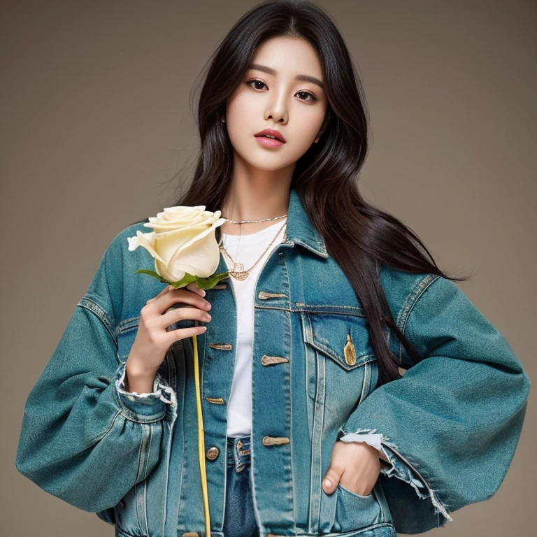 Woman Aarav wearing a green jacket and old ripped denim shorts holds a rose., นางแบบแฟชั่นkorean woman, beautiful south korean woman, gorgeous young korean woman, beautiful young korean woman, Hwang Se-is, Korean actress, Korean girl, Wear a green jacket., Jingna Zhang, Heonhwa Cho, korean woman, Ji Yoon Chae,) The most perfect picture 8k,) Take photos with the most advanced camera, 45000 color light.,000,000 megapixels,) Realistic, too beautiful to be true,)