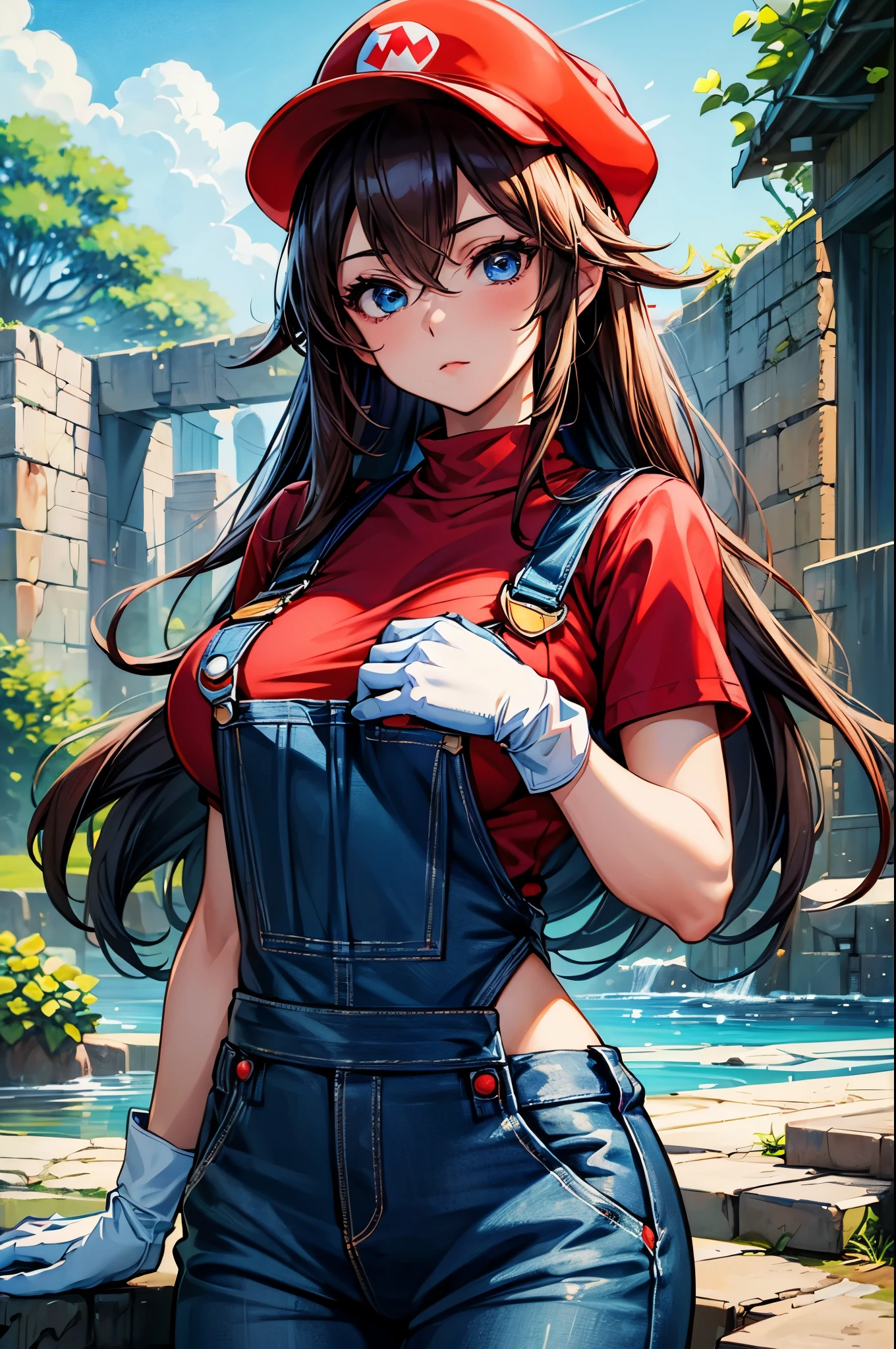 (masterpiece, best quality:1.2), expressive eyes, perfect face, highres, 1girl, solo, (female:1.5), supermario, blue overalls, red shirt, red cap, (white gloves:1.1), blue eyes, landscape, hold a mushroom, standing, upper body portrait, looking at the viewer