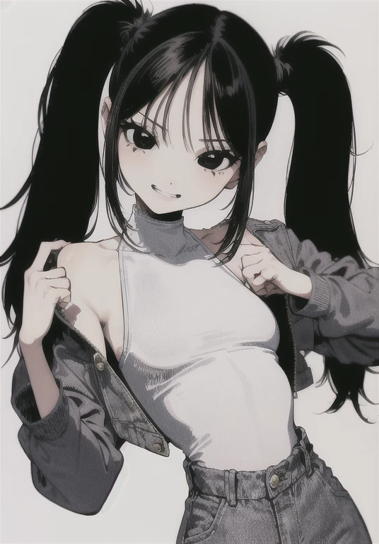 absurdres, (ultra-detailed), masterpiece, best quality, white background, upper body
1girl, face, solo, smirk, small breasts, hips,
leotard, denim shorts, open jacket,
long black hair, twintails
sketch, 1990s \(style\), ligne claire,