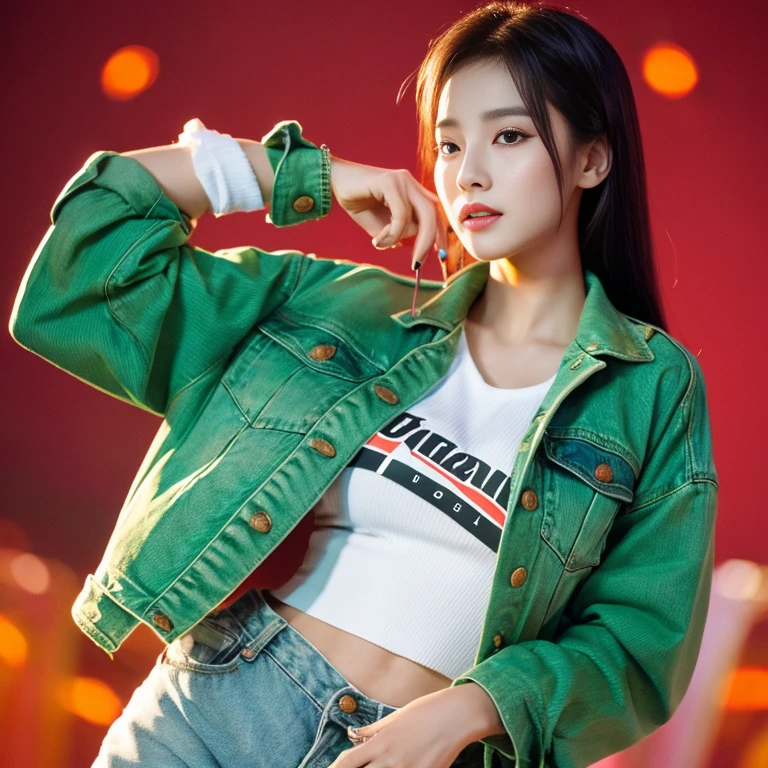 Woman Aarav wearing a green jacket and old ripped denim shorts holds a rose., นางแบบแฟชั่นkorean woman, beautiful south korean woman, gorgeous young korean woman, beautiful young korean woman, Hwang Se-is, Korean actress, Korean girl, Wear a green jacket., Jingna Zhang, Heonhwa Cho, korean woman, Ji Yoon Chae,) The most perfect picture 8k,) Take photos with the most advanced camera, 45000 color light.,000,000 megapixels,) Realistic, too beautiful to be true,)