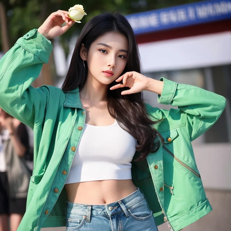 Woman Aarav wearing a green jacket and old ripped denim shorts holds a rose., นางแบบแฟชั่นkorean woman, beautiful south korean woman, gorgeous young korean woman, beautiful young korean woman, Hwang Se-is, Korean actress, Korean girl, Wear a green jacket., Jingna Zhang, Heonhwa Cho, korean woman, Ji Yoon Chae,) The most perfect picture 8k,) Take photos with the most advanced camera, 45000 color light.,000,000 megapixels,) Realistic, too beautiful to be true,)