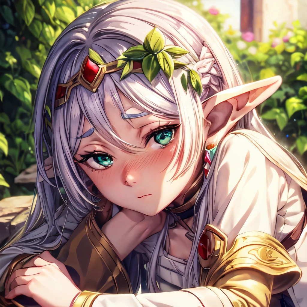 Frieren, elf girl, white hair, green eyes, round face, looking at viewer, blushing