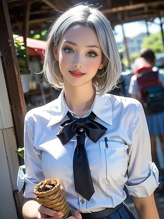 (best quality, 8k, photorealistic:1.5), (solo, one girl:1.5),(shine a bright light on women),(ultimate beautiful girl),(shiny skin),(oily skin),(silver hair:1.5),(short hairstyle:1.3),(cool beauty),Blush brown makeup , dark eye makeup , use pink glossy lipstick,(big beady eyes girl:1.5),(droopy eyes girl:1.5),(blue eyes:1.5),(thin girl:1.5),(baby face:1.5),(healthy body),(sex appeal),(sweet smelling girl),(she works for low wages),(kind-hearted woman),(she has a nice smile),(woman with a happy look),(she is very sociable),(from a very poor family),(virgin girl),chuuChloe,(impressive eyes:1.5),(clean girl),(affability),(cute smile),(good personality),(serious personality),(relaxing time),(hair ornaments),(compassion),(impurity),(love filled),(No love experience),(teenager:1.2),(School Uniform Costume Play:1.5)
