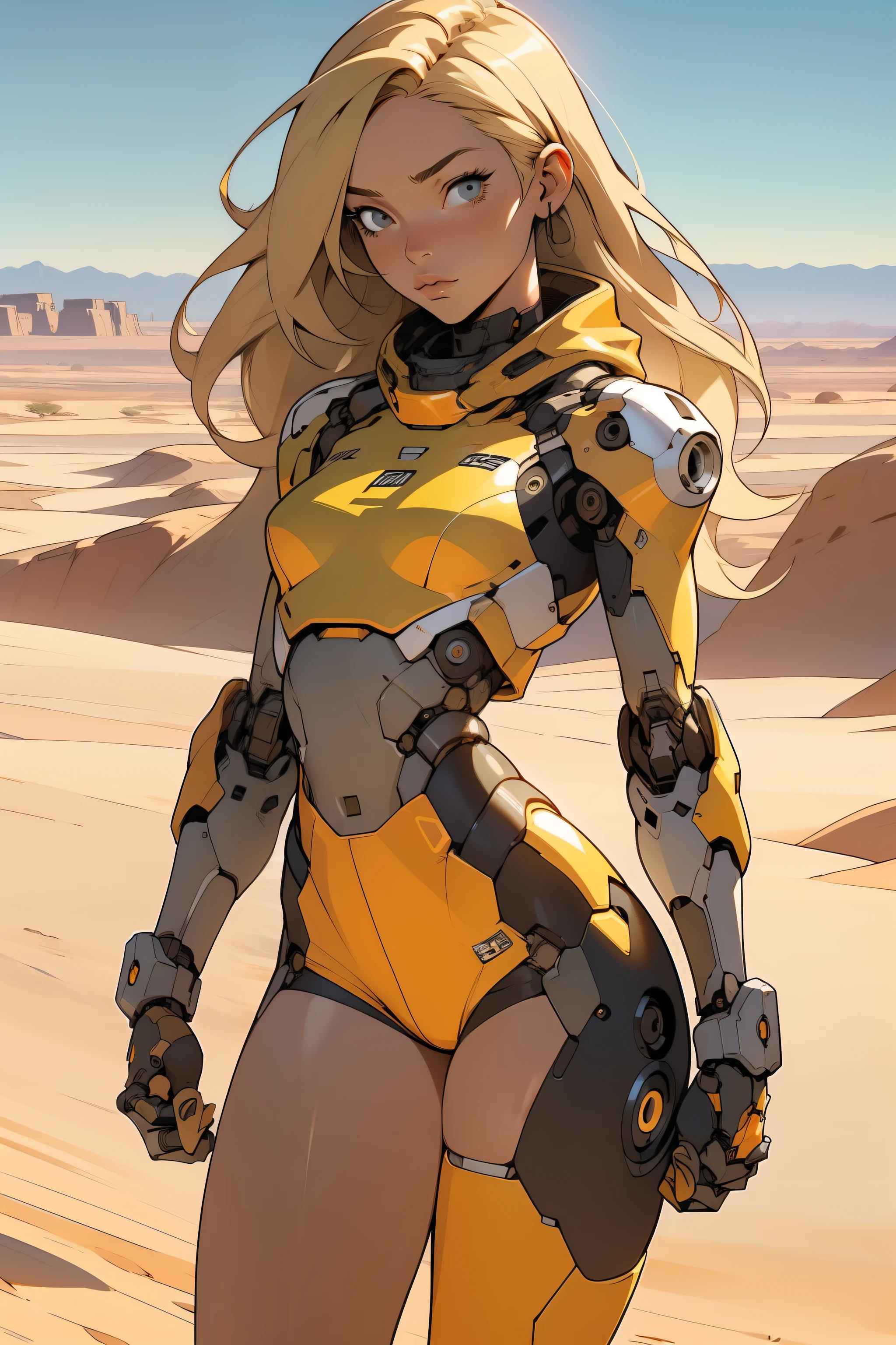 high quality, 4k, masterpiece, beautiful, cyborg girl, cowboy shot, dull eyes, front, looking at viewer, long blonde hair, girl, small breasts, fit thighs, robotic arms, robotic body, cyborg body, white & yellow uniform, orange accent, intricate detail, joint, detailed lines, robotic detail, holding fist up, holding hand up as fist, color robotic parts, robotic parts with color, perfect fingers, on a desert planet, sunny background, colorful desert, a river or a lake in the background, slender thighs, skinny thighs, thin thighs
