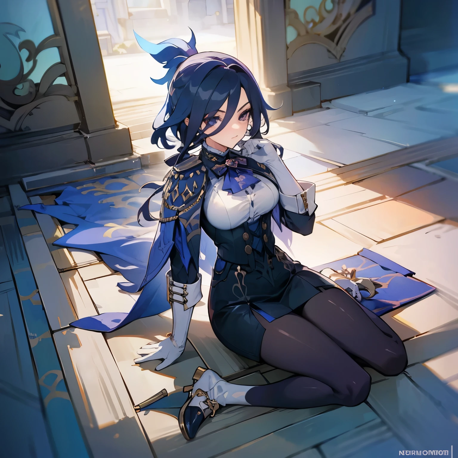 No errors, perfect, masterpiece, beautiful, perfect face,perfect body,clorinde (genshin impact), W sitting, sitting on the ground, hands between legs, legs on ground,both hands between legs