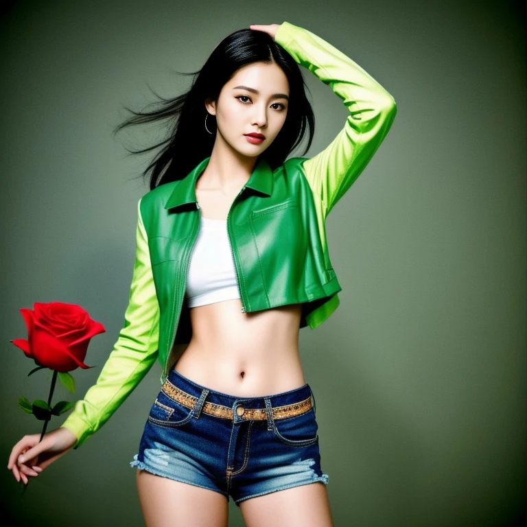 Woman Aarav wearing a green jacket and old ripped denim shorts holds a rose., นางแบบแฟชั่นkorean woman, beautiful south korean woman, gorgeous young korean woman, beautiful young korean woman, Hwang Se-is, Korean actress, Korean girl, Wear a green jacket., Jingna Zhang, Heonhwa Cho, korean woman, Ji Yoon Chae,) The most perfect picture 8k,) Take photos with the most advanced camera, 45000 color light.,000,000 megapixels,) Realistic, too beautiful to be true,)