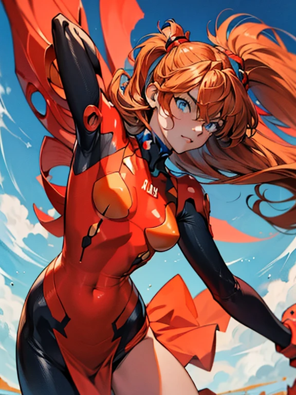asuka langley soryu,Blue eyes,pelo entre los ojos,engranaje de cabeza,auriculares de interfaz,pelo naranja,prenda de batalla,action pose,Recubrimiento grueso,Album covers,narrative images