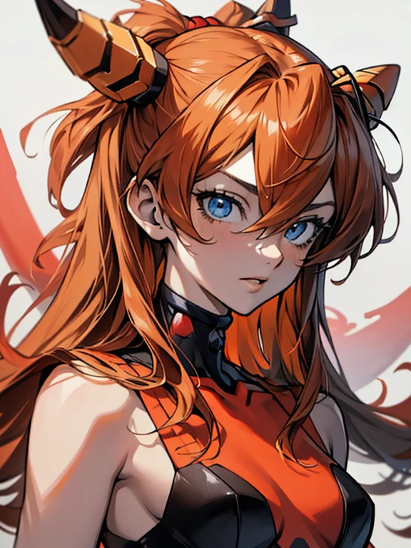 Soyjaks,4k,, High Definition, Obra maestra, absurdos, asuka langley soryu, blue eyes, pelo entre los ojos, headgear, auriculares de interfaz, pelo naranja,mono rojo,, fondo sencillo, pointing behind, 1 chica, solo