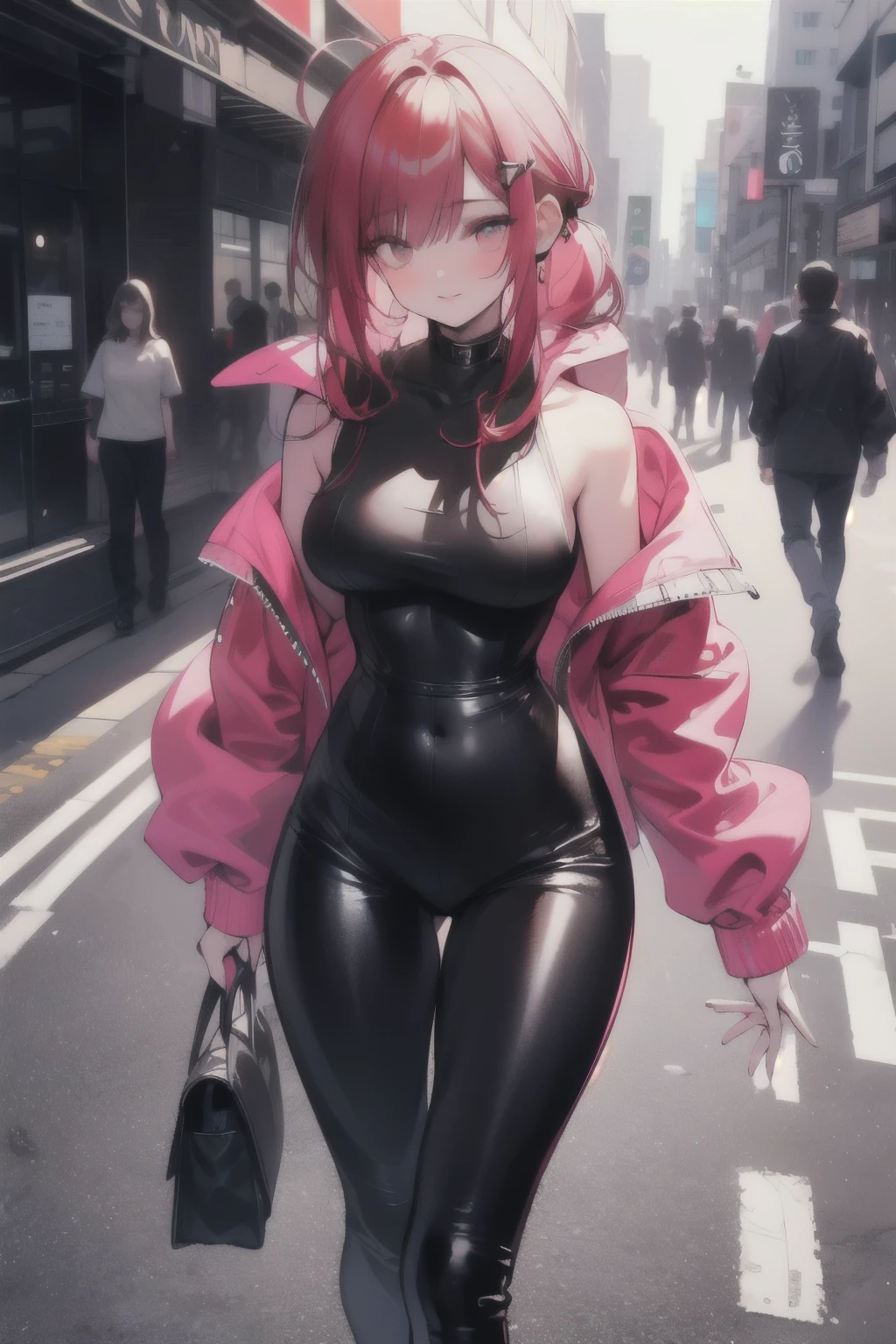 a scared and embarrassed redheaded woman, hair in a ponytail, her bright eyes super detailed, full lips painted red, chiseled physique and wide hips. She wears a closed black leather jumpsuit, whose shiny surface accentuates her shape. A windbreaker with a hood and a neon pink interior covers your shoulders and a pleased skirt. Walking down a busy street, she attracts glances from onlookers. This image exudes realism, capturing the essence of a fragile and embarrassed figure. Digital art, high definition and photorealistic technique