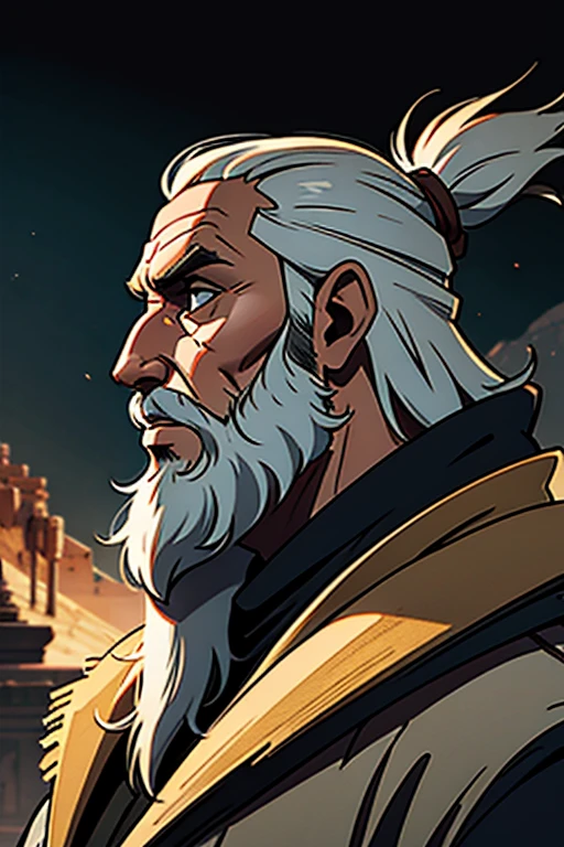 A bearded Ancient seen in profile, science fiction background, digital art