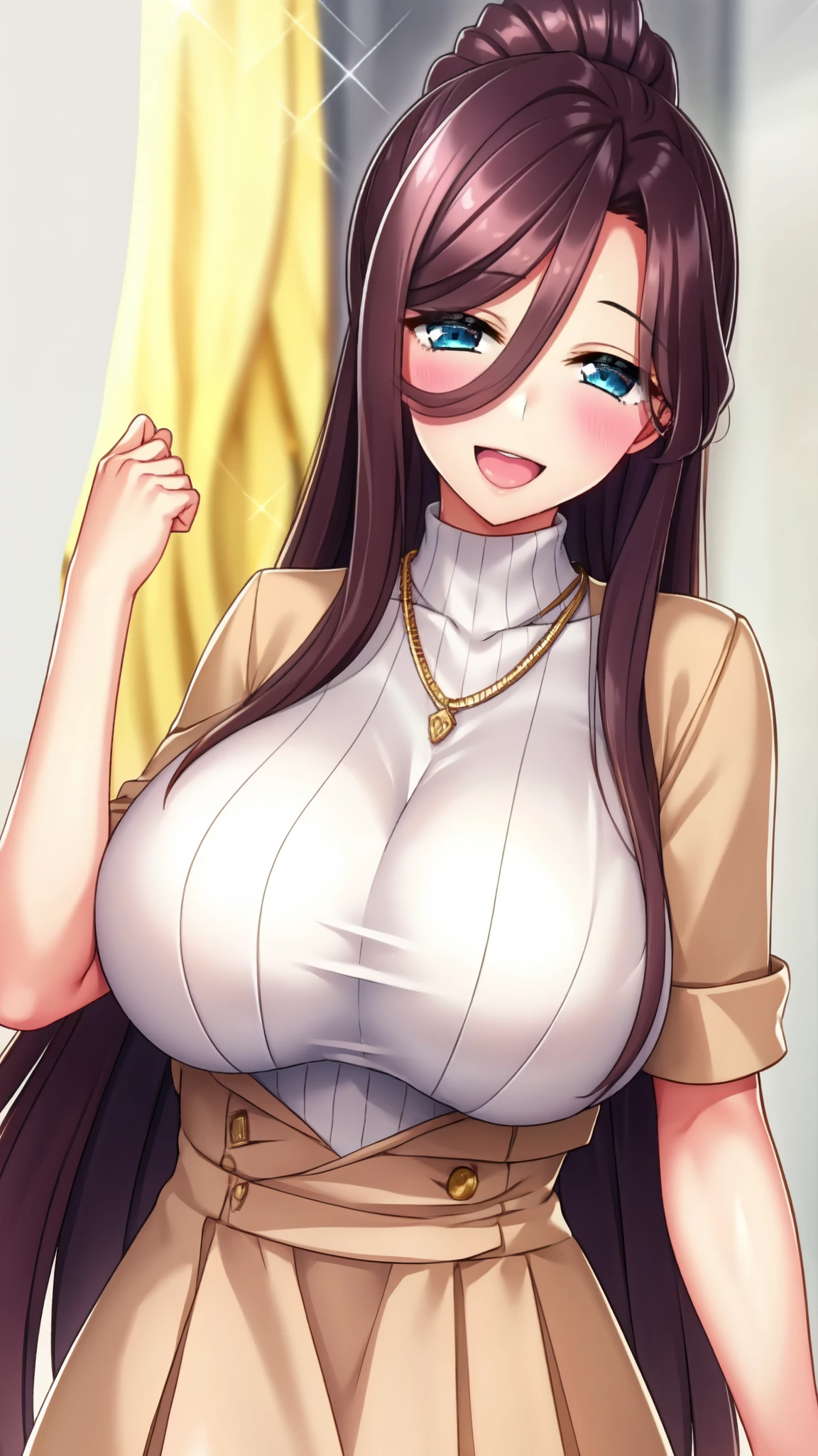 1girl, breasts, brown hair, solo, LONG HAIR , PONYTAIL, BLUE EYES, jewelry, white wall, opened jacket , ((beige JACKET)), necklace, large breasts, open mouth, looking at viewer, smile, long skirt, earrings, long hair, mature female, ( turtleneck,), , collarbone,
