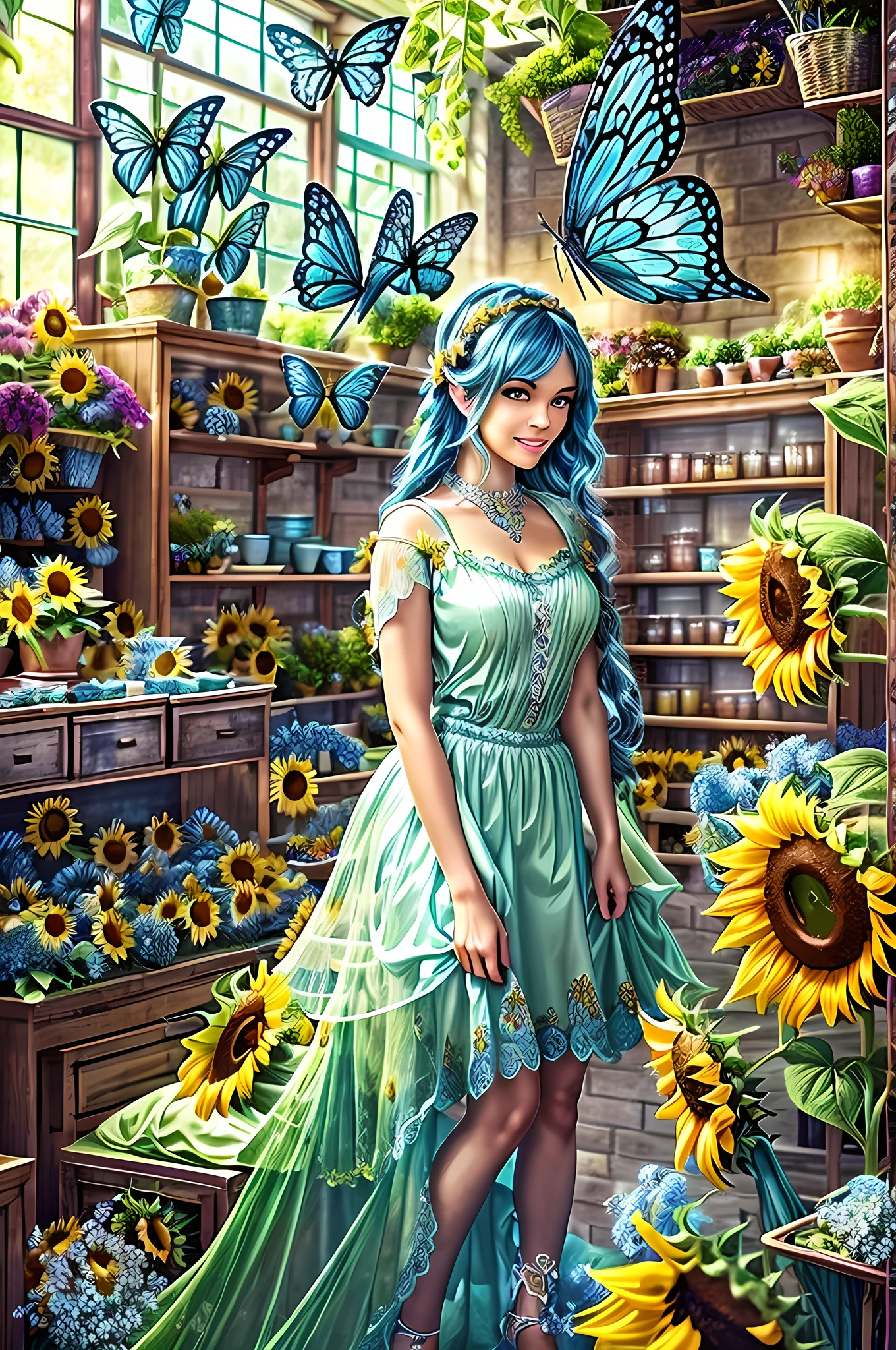 high details, best quality, 16k, RAW, [best detailed], masterpiece, best quality, (extremely detailed), GlowingRunes_paleblue, full body, ultra wide shot, photorealistic, fantasy art, RPG art, D&D art, a picture of a fairy selling flowers in a florist shop, extremely beautiful fairy, ultra feminine (intense details, Masterpiece, best quality), (Blue: 1.3) butterfly wings (intense details, Masterpiece, best quality), blue and white wings (intense details, Masterpiece, best quality),  azure hair, pixie cut hair, shinning hair, flowing hair, shy smile, innocent smile, blue eyes, wearing bright blue skirt, dynamic elegant shirt, chocker, wearing high heels, in flower shop (intense details, Masterpiece, best quality), extreme many (sunflowers: 1.3) (intense details, Masterpiece, best quality), sunflower shop in a modern era street, High Detail, Ultra High Quality, High Resolution, 16K Resolution, Ultra HD Pictures, Ultra Realistic, Clear Details, Realistic Detail, Ultra High Definition, Big Fairy Wings