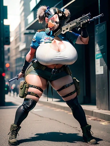 1girl, ((futuristic scout mercenary armed with a pistol and a rifle)), (interesting dynamic pose), large breasts, full body view