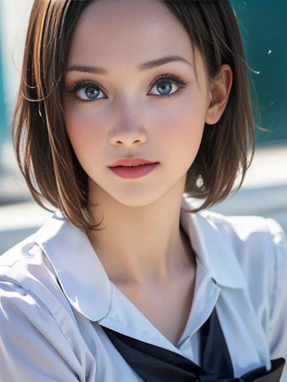 (best quality, 8k, photorealistic:1.5), (solo, one girl:1.5),(shine a bright light on women),(ultimate beautiful girl),(shiny skin),(oily skin),(short hairstyle:1.3),(cool beauty),Blush brown makeup , dark eye makeup , use pink glossy lipstick,(big beady eyes girl:1.5),(droopy eyes girl:1.5),(blue eyes:1.5),(thin girl:1.5),(baby face),(healthy body),(sex appeal),(sweet smelling girl),(she works for low wages),(kind-hearted woman),(she has a nice smile),(woman with a happy look),(she is very sociable),(from a very poor family),(virgin girl),chuuChloe,(impressive eyes:1.5),(clean girl),(affability),(cute smile),(good personality),(serious personality),(relaxing time),(compassion),(impurity),(love filled),(No love experience),(teenager:1.2),(School Uniform Costume Play:1.5)