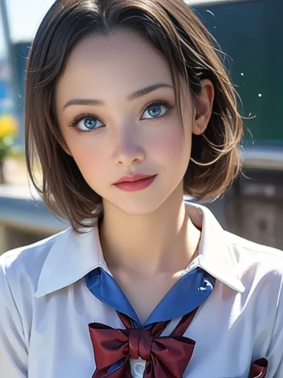 (best quality, 8k, photorealistic:1.5), (solo, one girl:1.5),(shine a bright light on women),(ultimate beautiful girl),(shiny skin),(oily skin),(short hairstyle:1.3),(cool beauty),Blush brown makeup , dark eye makeup , use pink glossy lipstick,(big beady eyes girl:1.5),(droopy eyes girl:1.5),(blue eyes:1.5),(thin girl:1.5),(baby face),(healthy body),(sex appeal),(sweet smelling girl),(she works for low wages),(kind-hearted woman),(she has a nice smile),(woman with a happy look),(she is very sociable),(from a very poor family),(virgin girl),chuuChloe,(impressive eyes:1.5),(clean girl),(affability),(cute smile),(good personality),(serious personality),(relaxing time),(compassion),(impurity),(love filled),(No love experience),(teenager:1.2),(School Uniform Costume Play:1.5)