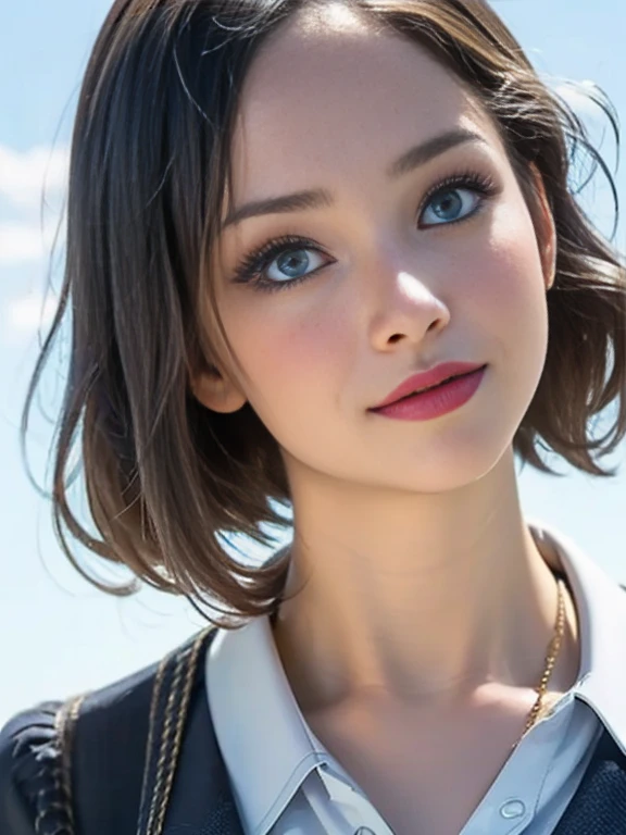 (best quality, 8k, photorealistic:1.5), (solo, one girl:1.5),(shine a bright light on women),(ultimate beautiful girl),(shiny skin),(oily skin),(short hairstyle:1.3),(cool beauty),Blush brown makeup , dark eye makeup , use pink glossy lipstick,(big beady eyes girl:1.5),(droopy eyes girl:1.5),(blue eyes:1.5),(thin girl:1.5),(baby face),(healthy body),(sex appeal),(sweet smelling girl),(she works for low wages),(kind-hearted woman),(she has a nice smile),(woman with a happy look),(she is very sociable),(from a very poor family),(virgin girl),chuuChloe,(impressive eyes:1.5),(clean girl),(affability),(cute smile),(good personality),(serious personality),(relaxing time),(compassion),(impurity),(love filled),(No love experience),(teenager:1.2),(School Uniform Costume Play:1.5)
