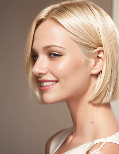 blond woman with short hair and white dress smiling at camera, sleek blond hair, blonde short hair, smiling fashion model face, blonde and attractive features, beautiful and smiling, short blonde hair, beautiful blonde woman, girl with short white hair, she is smiling, blond bob haircut, short blond hair, smiling fashion model, close up of a blonde woman, clean blonde hair