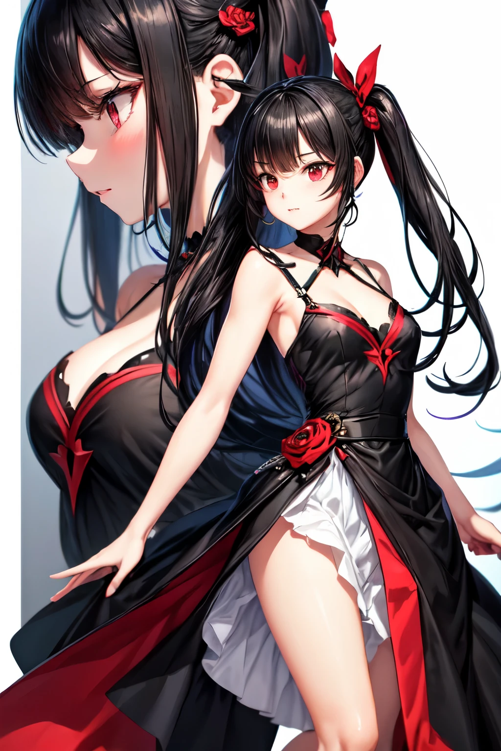 She has black hair with red stripes. Red eyes and a beautiful red and black dress. She's a yandere. White race. Heart shaped eyes. Profile picture style photo