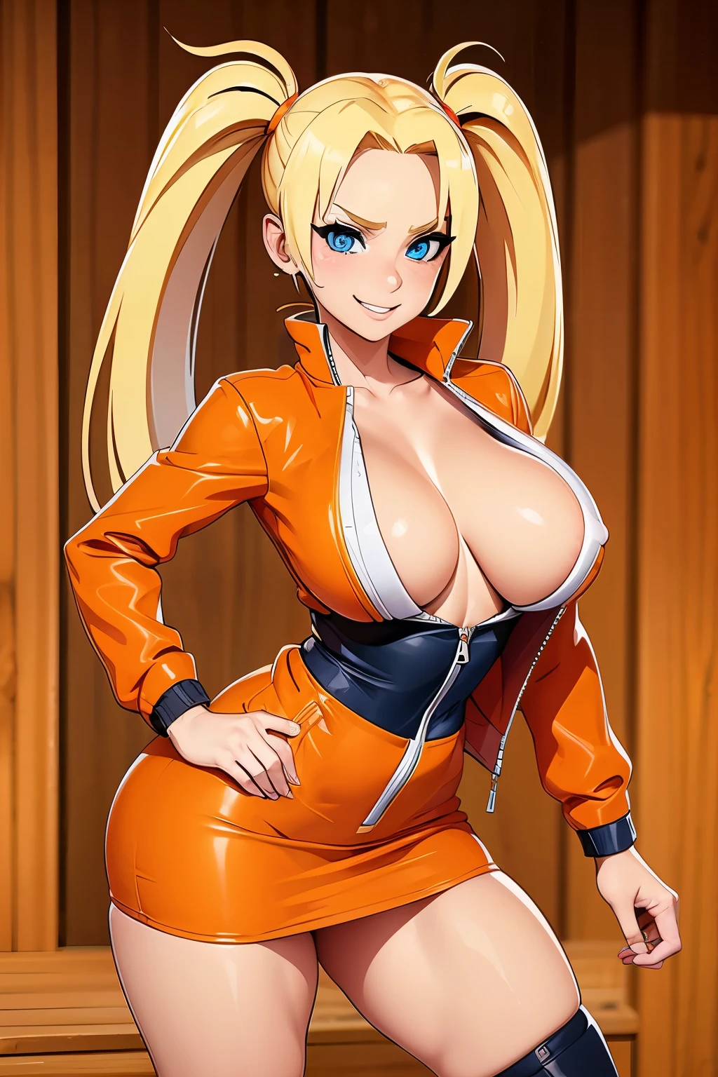 (masterpiece), (high quality),Ino Yamanaka, orange jacket, cleavage, big breasts, sexy pose, shy smile, blonde twintail, short orange skirt, precise hands