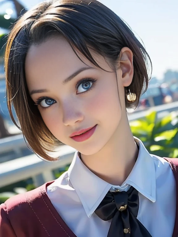 (best quality, 8k, photorealistic:1.5), (solo, one girl:1.5),(shine a bright light on women),(ultimate beautiful girl),(shiny skin),(oily skin),(short hairstyle:1.3),(cool beauty),Blush brown makeup , use pink glossy lipstick,(big beady eyes girl:1.5),(droopy eyes girl:1.5),(blue eyes:1.5),(thin girl:1.5),(baby face),(healthy body),(sex appeal),(sweet smelling girl),(she works for low wages),(kind-hearted woman),(she has a nice smile),(woman with a happy look),(she is very sociable),(from a very poor family),(virgin girl),chuuChloe,(impressive eyes:1.5),(clean girl),(affability),(cute smile),(good personality),(serious personality),(relaxing time),(compassion),(impurity),(love filled),(No love experience),(teenager:1.2),(School Uniform Costume Play:1.5)
