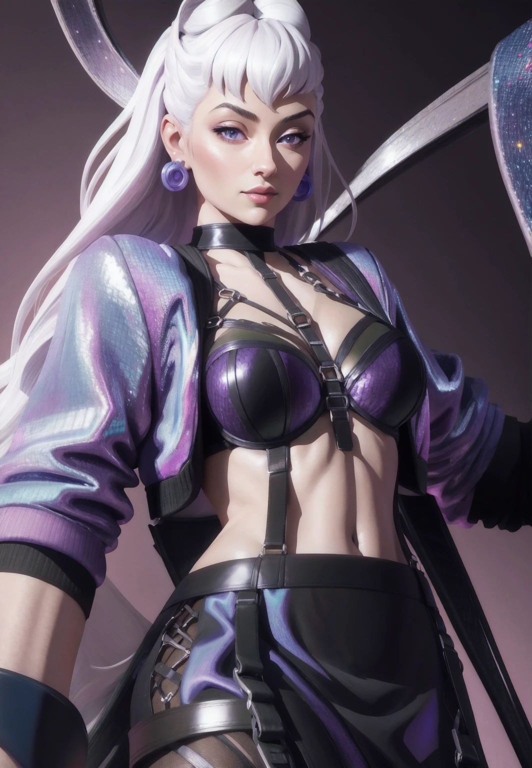 { - anatomy error} (Masterpiece - Ultra-detailed, very high resolution)  1woman, 30 years old, evekda, white hair, earings, in black, cropped purple-blue jacket, (harness bra), 3d, render, dinamic poses