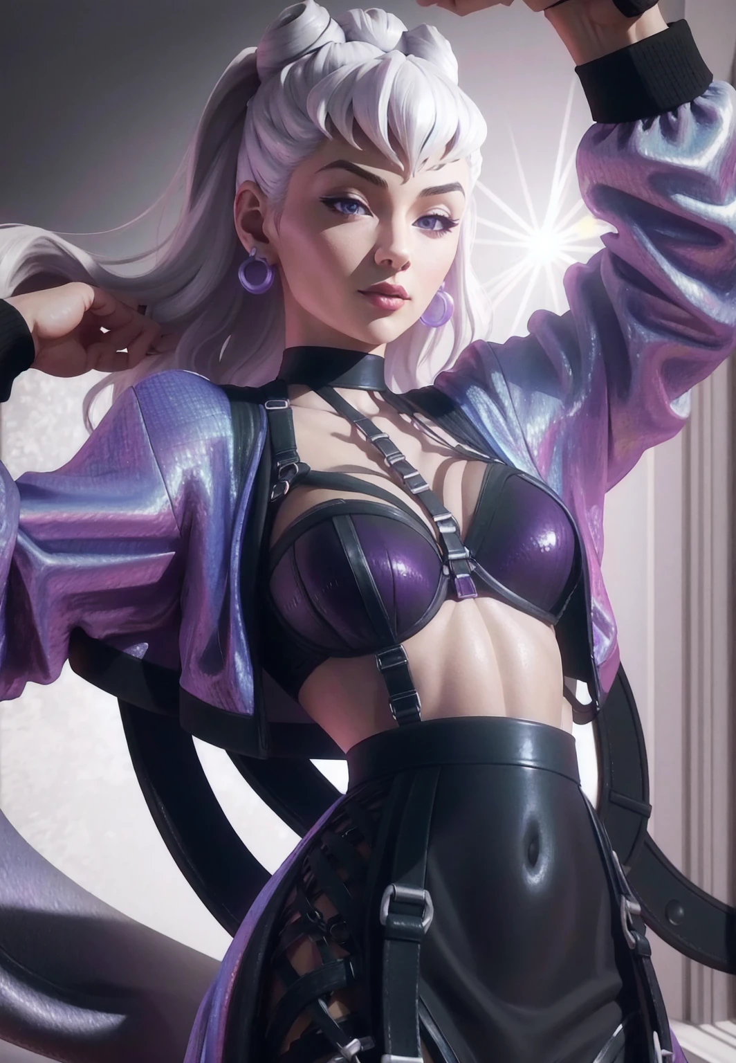 { - anatomy error} (Masterpiece - Ultra-detailed, very high resolution)  1woman, 30 years old, evekda, white hair, earings, in black, cropped purple-blue jacket, (harness bra), 3d, render, dinamic poses