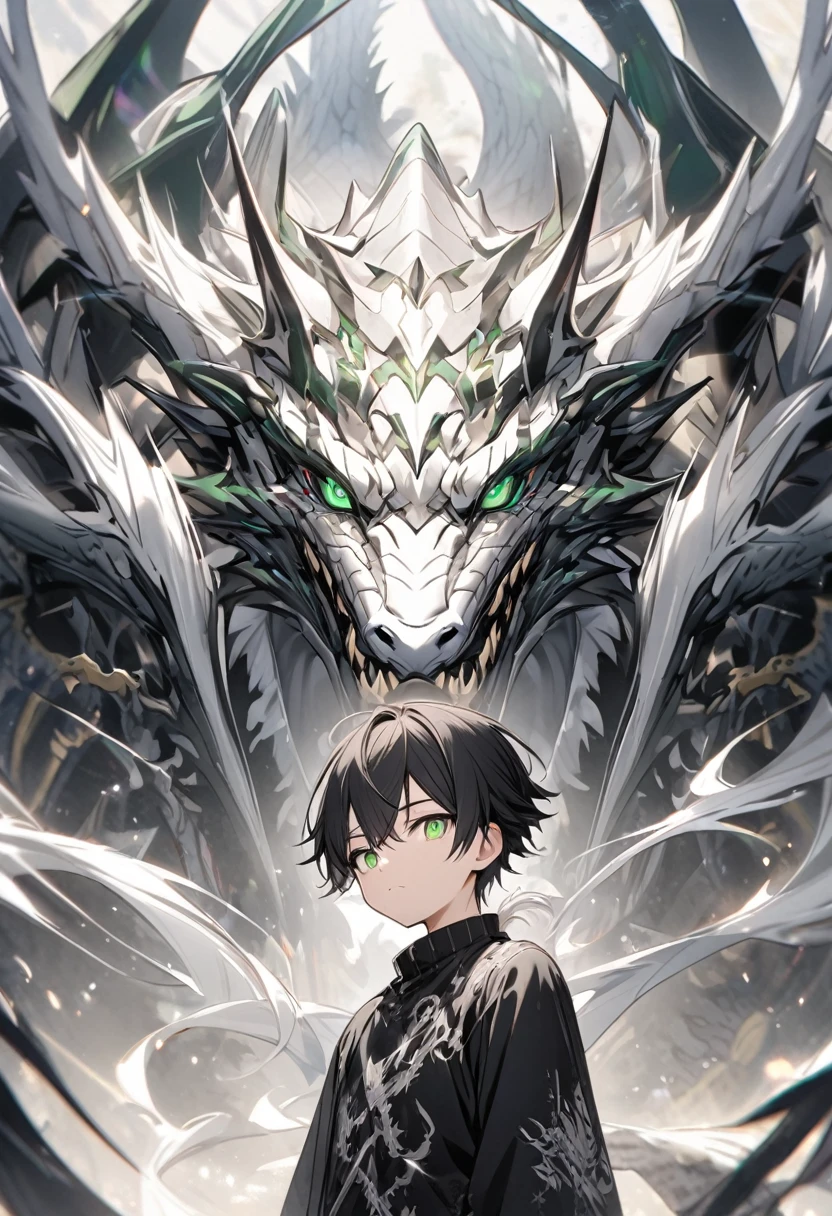 Green-eyed boy with black hair and white hair with black clothes with touches of white and a small black and silver dragon