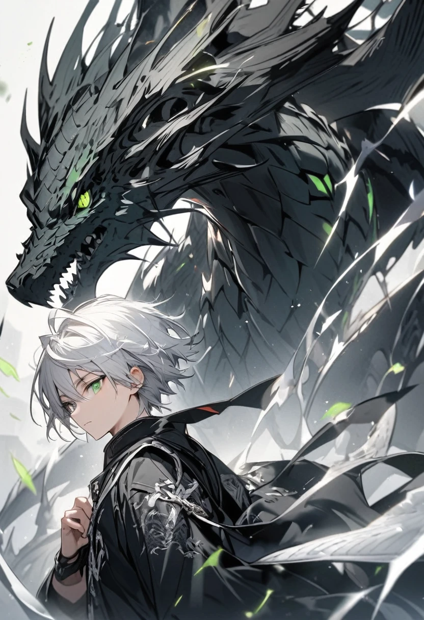 Green-eyed boy with black hair and white hair with black clothes with touches of white and a small black and silver dragon 