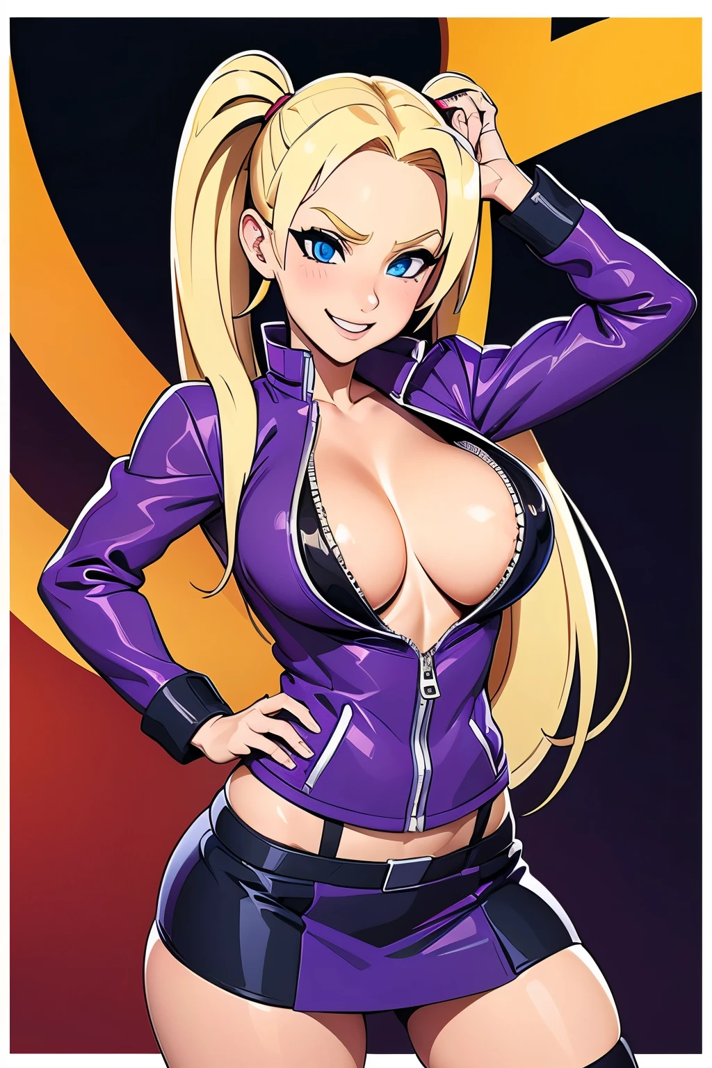 (masterpiece), (high quality),Ino Yamanaka, purple jacket, cleavage, big breasts, sexy pose, smile, blonde twintail, short purple skirt, precise hands