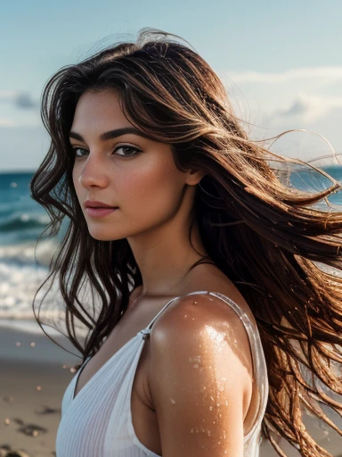 Foreground: beautiful european woman, 18 years, wet wavy hair in the wind. She'but he said'magazine model, She has a subtle smile and flirts with the camera., (She wears a white shirt and red lace panties.:1.2),Beautiful modern bedroom background, Perfect eyes, bare straight legs. Perfect hands, perfect body, perfect hair, perfect breasts, hair behind the ear, ultra HD, , Piece of art, Necessary, Anatomically correct, Textured leather, Super Detail, High detail, high quality, awarded, better quality, a high resolution, 16 thousand., 8K,