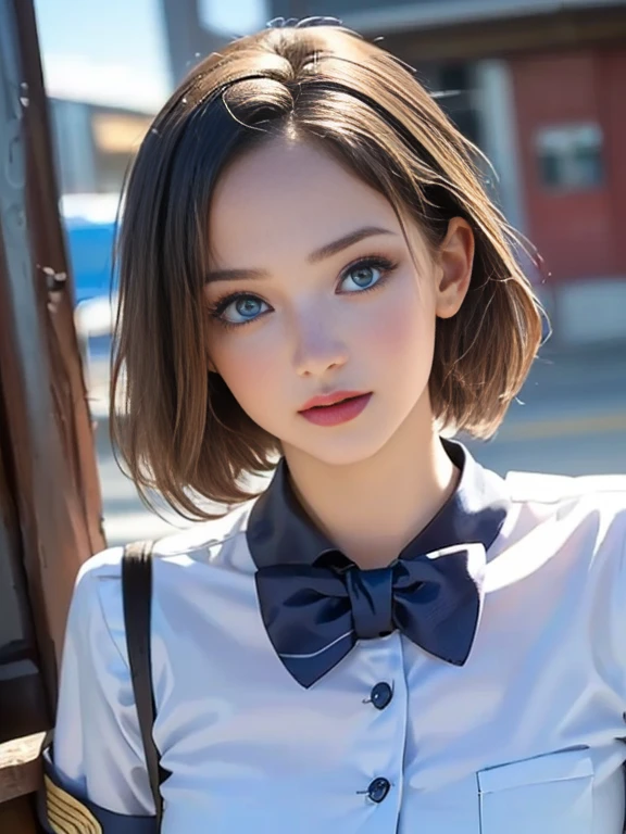 (best quality, 8k, photorealistic:1.5), (solo, one girl:1.5),(shine a bright light on women),(ultimate beautiful girl),(shiny skin),(oily skin),(short hairstyle:1.3),(cool beauty),Blush brown makeup , use pink glossy lipstick,(big beady eyes girl:1.5),(droopy eyes girl:1.5),(blue eyes:1.5),(thin girl:1.5),(baby face),(healthy body),(sex appeal),(sweet smelling girl),(she works for low wages),(kind-hearted woman),(looks fun:1.3),(she is very sociable),(from a very poor family),(virgin girl),chuuChloe,(impressive eyes:1.5),(clean girl),(affability),(cute smile),(good personality),(serious personality),(relaxing time),(compassion),(impurity),(love filled),(No love experience),(teenager:1.2),(School Uniform Costume Play:1.5)