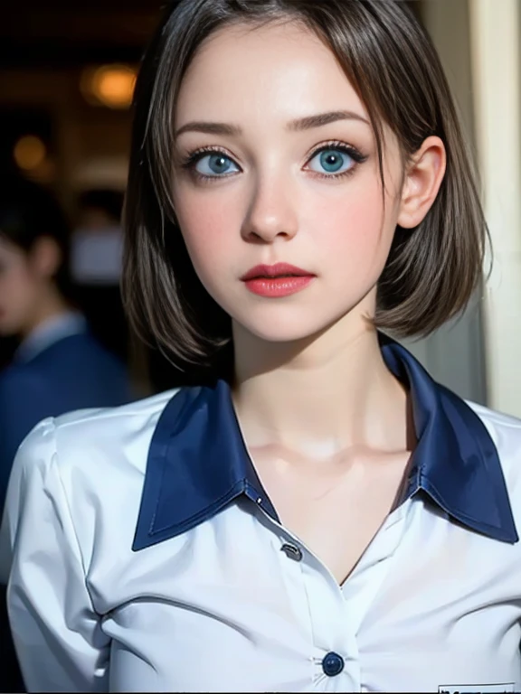 (best quality, 8k, photorealistic:1.5), (solo, one girl:1.5),(shine a bright light on women),(ultimate beautiful girl),(shiny skin),(oily skin),(short hairstyle:1.3),(cool beauty),Blush brown makeup , use pink glossy lipstick,(big beady eyes girl:1.5),(droopy eyes girl:1.5),(blue eyes:1.5),(thin girl:1.5),(baby face),(healthy body),(sex appeal),(sweet smelling girl),(she works for low wages),(kind-hearted woman),(looks fun:1.3),(she is very sociable),(from a very poor family),(virgin girl),chuuChloe,(impressive eyes:1.5),(clean girl),(affability),(cute smile),(good personality),(serious personality),(relaxing time),(compassion),(impurity),(love filled),(No love experience),(teenager:1.2),(School Uniform Costume Play:1.5)