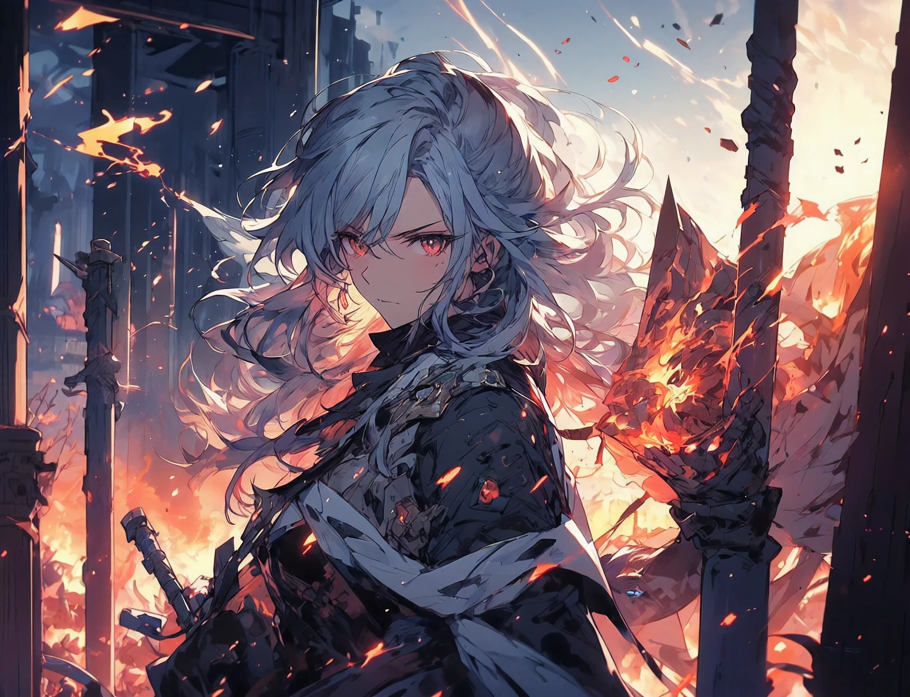 (top quality,8k wallpaper),(masterpiece,best quality:1.2),(high_resolution:1.2),(ultra details:1.2),extreme quality,sharp focus, 1girl, solo, senti, gray eyes, white hair, carapace armor, fire lightning and mana, arknights